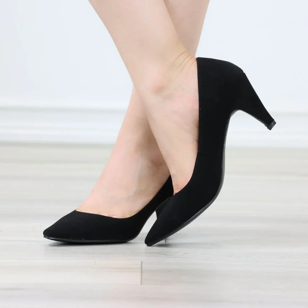 Kitten Low Heel Shoes Rockabilly Vintage Style Pointed Toe Pumps Black Nubuck - Picture 7 of 12